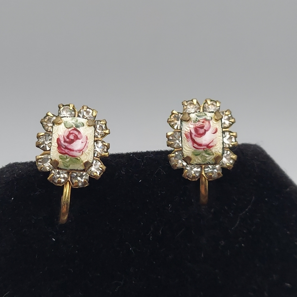 Handpainted Pink Floral Brass Vintage Screwback Earrings, GC.